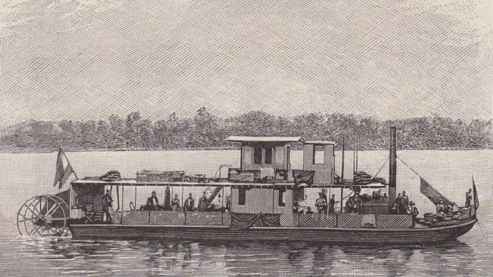 Sepia-toned 1890 postcard depicts Belgian steamer on the Congo, with strong 'Heart of Darkness' vibes