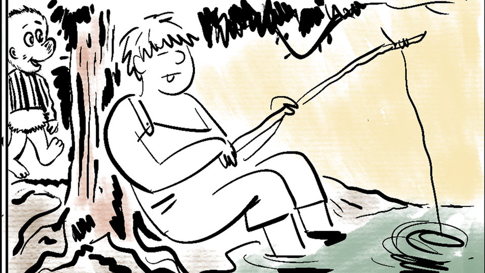 A bucolic fishing scene at the Okefenokee Swamp, with Pogo the Possum looking on