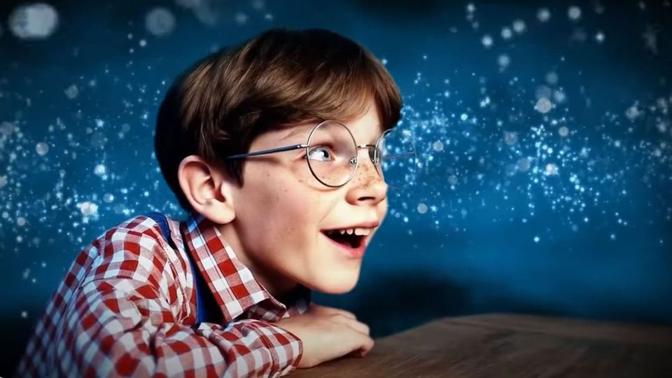 Weirdly elated face of AI child with improbable hairdo, freckles, gingham shirt and fugitive denim overall straps