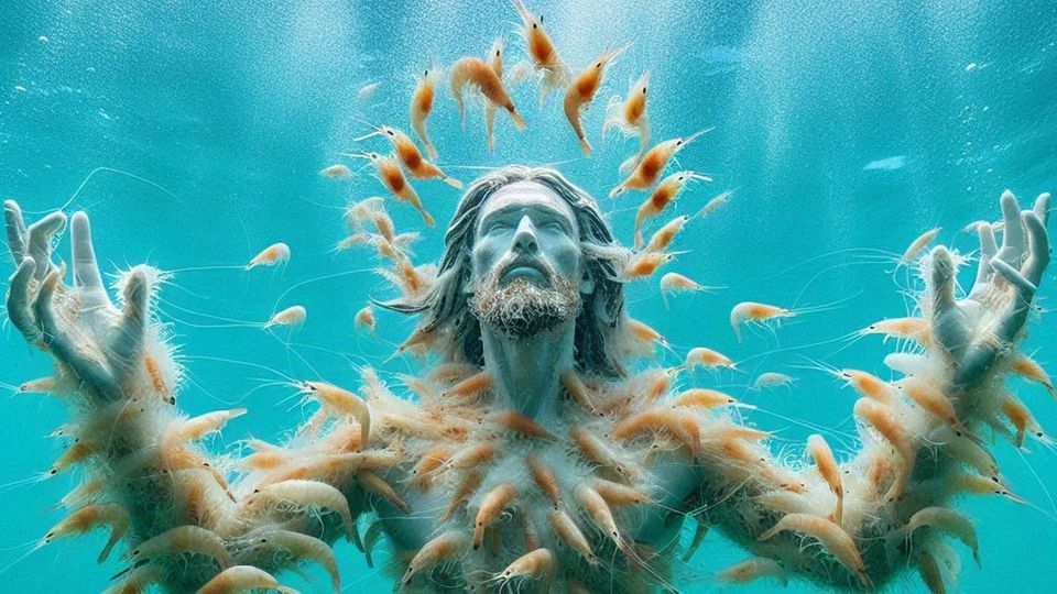 AI SLOP IMAGE: Underwater Shrimp Jesus is covered with shrimp and has a shrimp halo plus at least six fingers on each hand
