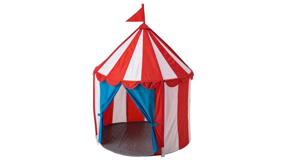 IKEA CIRKUSTÄLT, colorful miniature children's play tent in striped red/white with blue curtained door