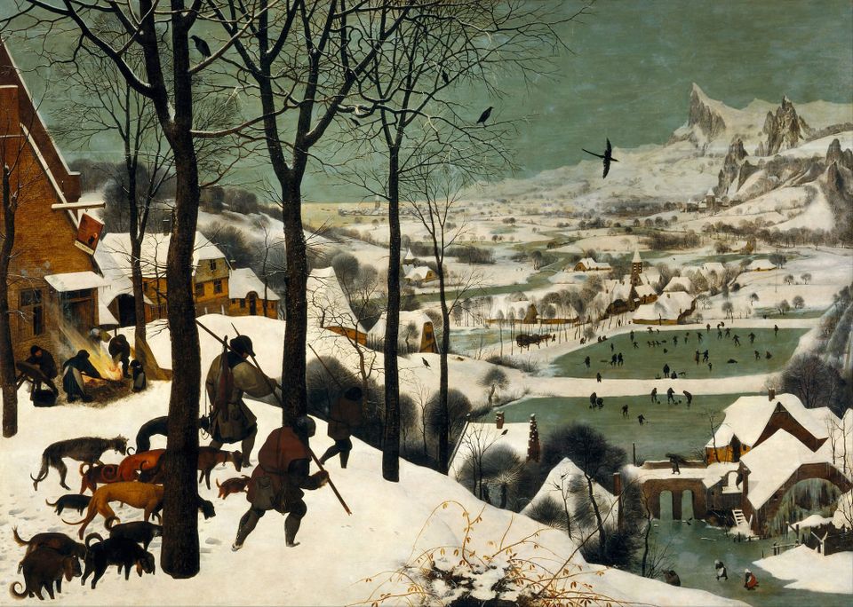 A wintry landscape depicting a village, distant snow-capped mountains, hunters returning, and skaters on a frozen pond