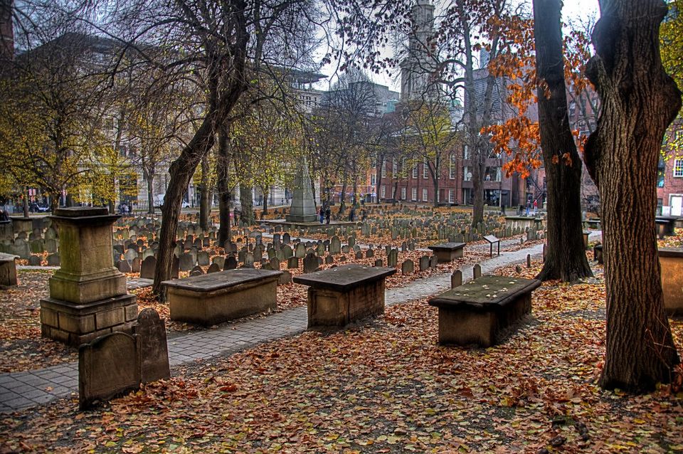 A carpet of autumn leaves at the Granary Burying Ground, Boston, where many of Boston's most famous citizens are interred