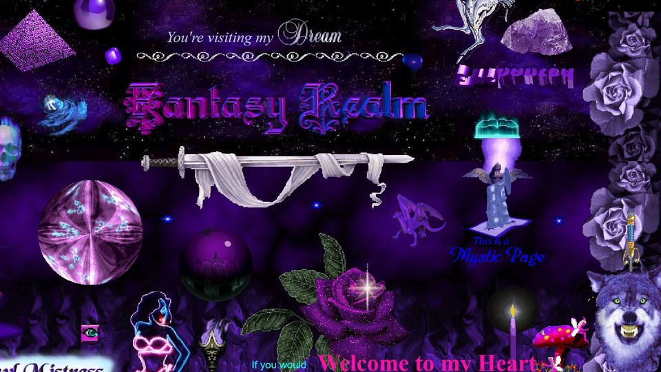A collection of lurid Geocities images collected at cameronsworld.net: "You're visiting my Dream Fantasy Realm"