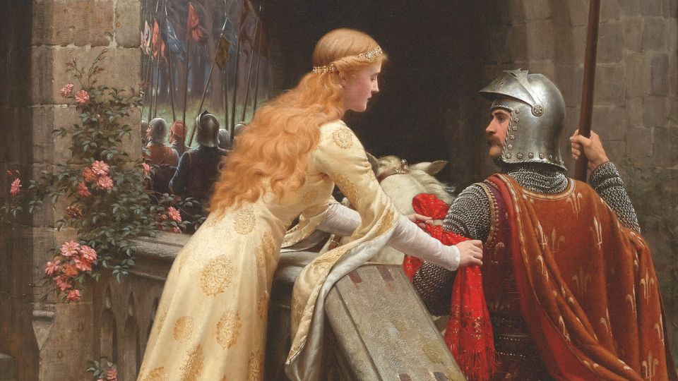 A fair lady in silken raiment bids farewall to her champion, she is tying a red favour on his arm