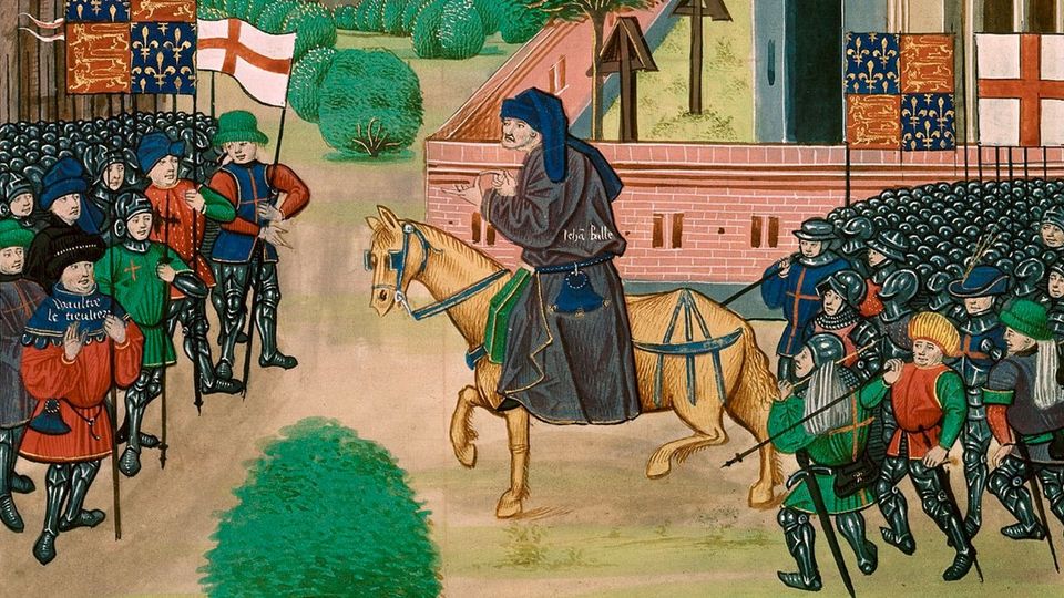 An illustration of the priest John Ball, encouraging Wat Tyler's rebels of 1381