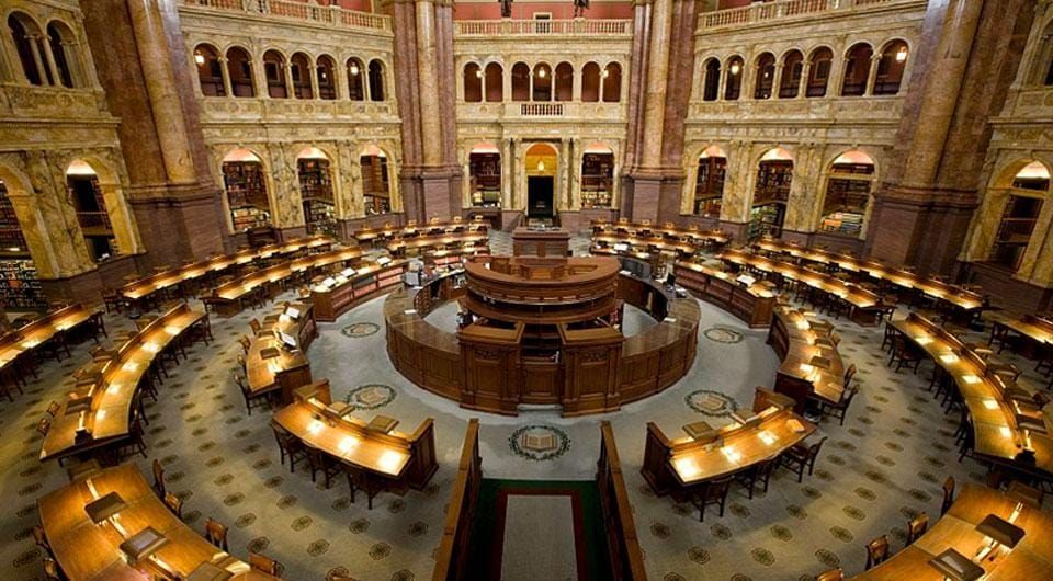 The Library of Congress Main Reading Room, a palatial Beaux-Arts temple to study filled with marble columns and fine statuary