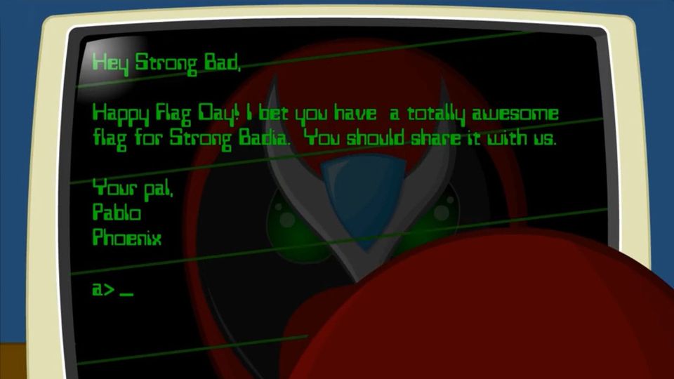 Screenshot of an email to HomestarRunner's Strong Bad, with Strong Bad's reflection visible on the screen