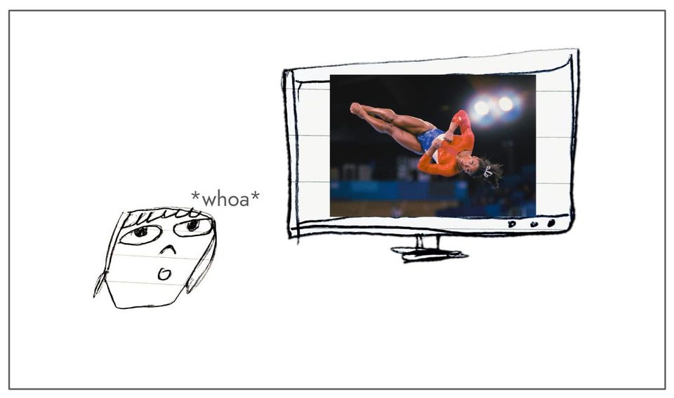 An amazed spectator, watching an Olympic gymnast on TV