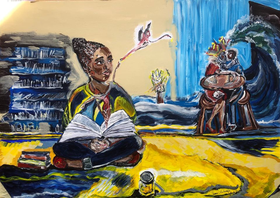 A child crosslegged, reading, looking across the ocean in which a Michael Jackson sequined glove is floating