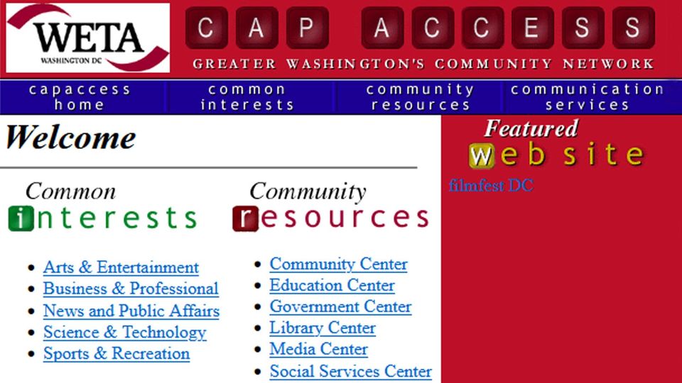 Brightly colored blue, red, green and white image of the 2001 capaccess.com home page 