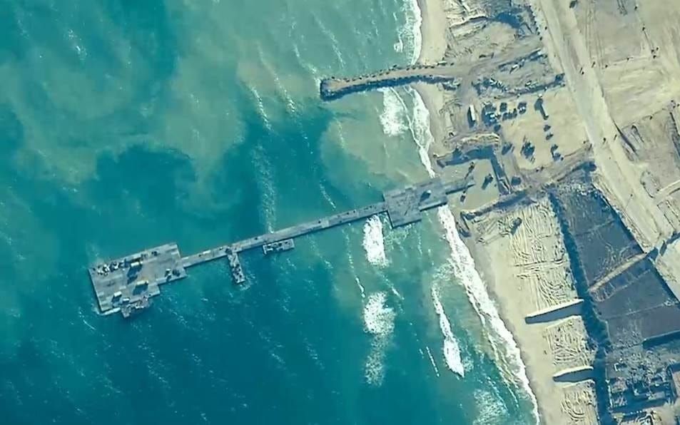 Overhead image of the pier built by the U.S. to deliver humanitarian aid to Gaza