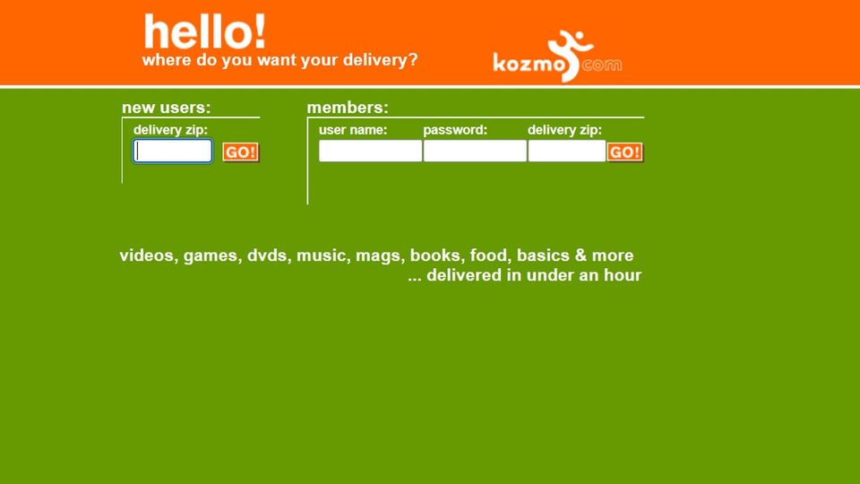 Kozmo.com homescreen in vivid green and orange asks "hello! where do you want your delivery?"