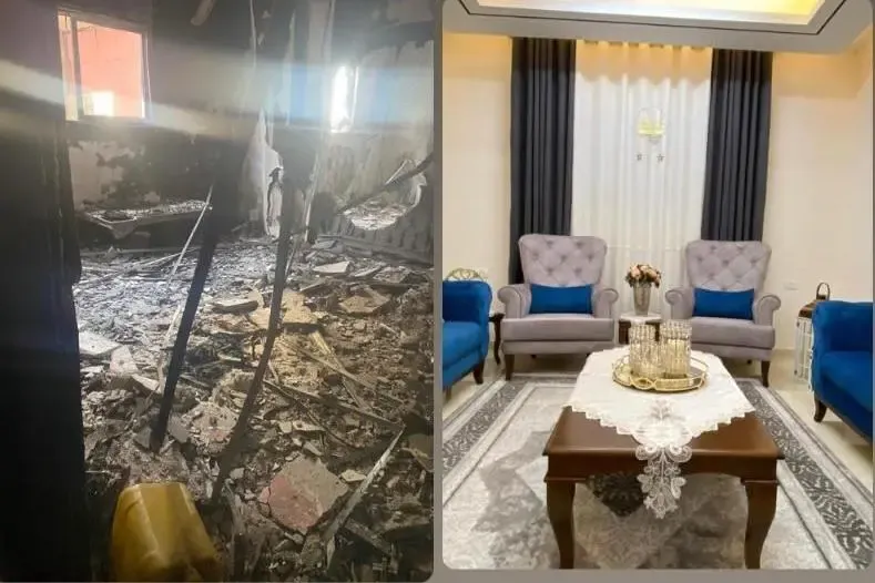 A bombed-out apartment, to the left; to the right, a different view of the same apartment in Gaza before the war