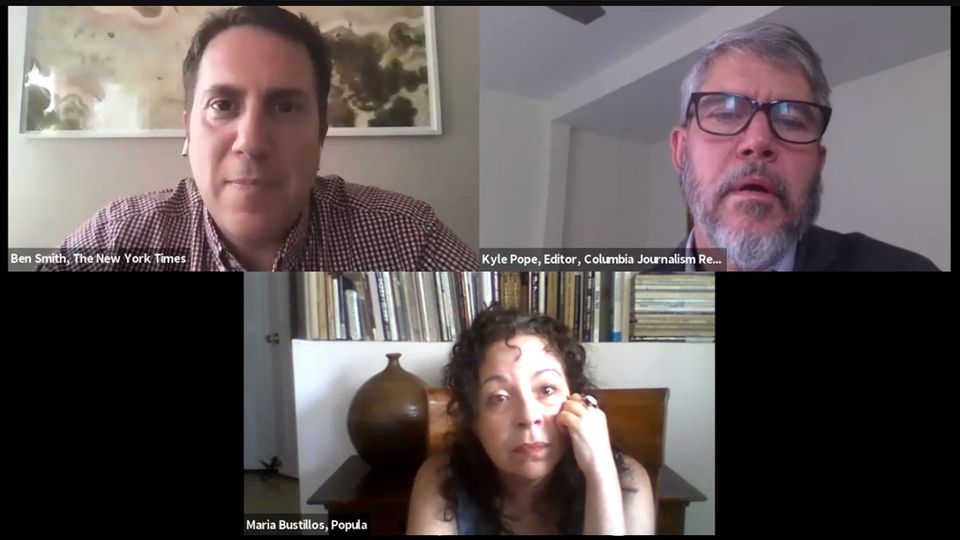 Screenshot of journalists at a Zoom panel during the plague