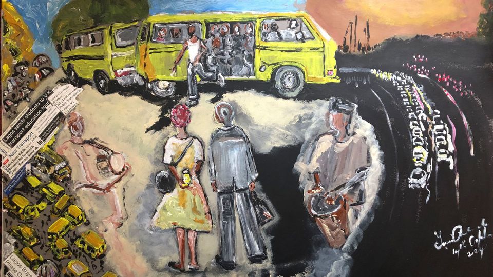 Crowds of danfos in traffic with Cubist-style collaged headlines; a couple stand before a packed danfo