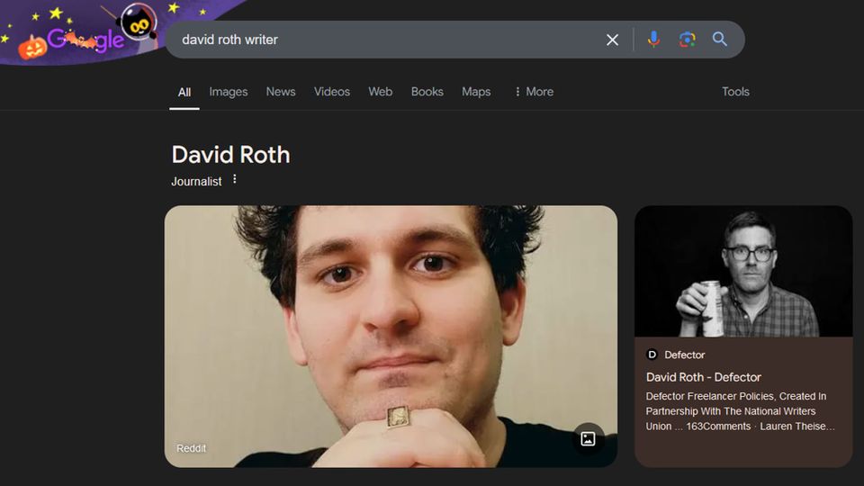 Google Search result for “David Roth writer” showing large image of Sam Bankman-Fried