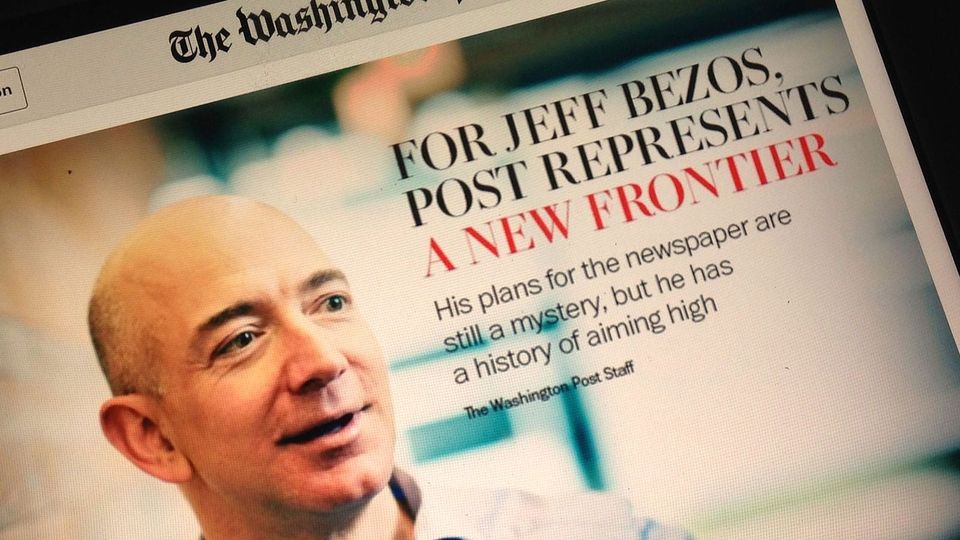 Washington Post image of Jeff Bezos with headline, "For Jeff Bezos, Post Represents A New Frontier"