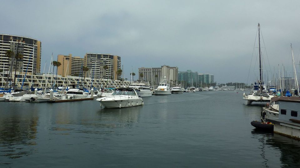 The marina at Marina del Rey in Los Angeles, looking south, with speedboats and sailboats and iconic buildings