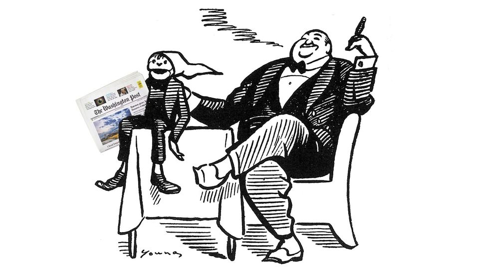 A fat rich plutocrat drawn by Art Young, operating a puppet who is holding copies of the Washington Post