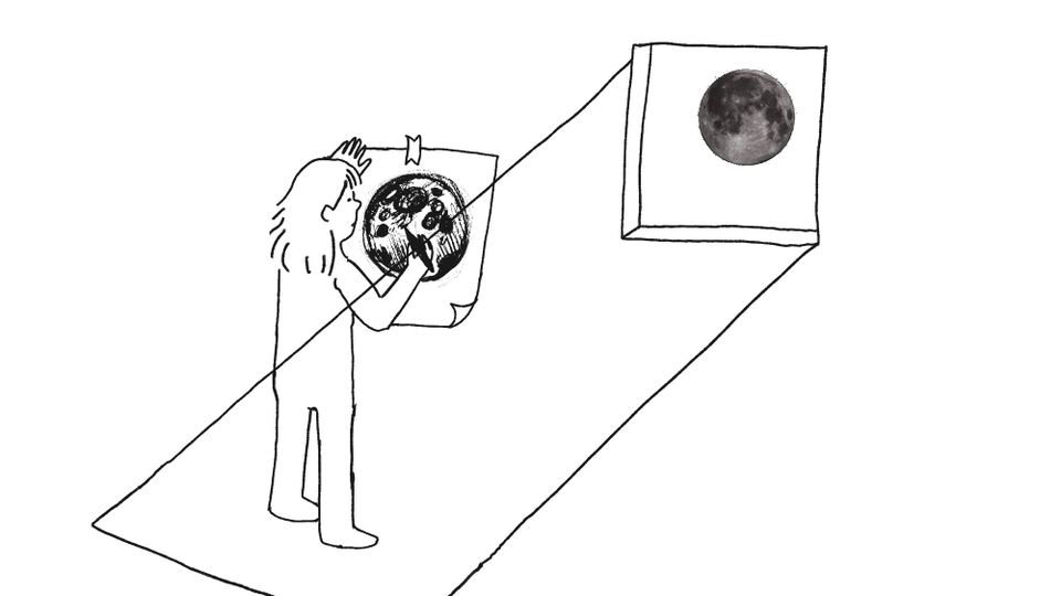 The author drawing the moon she sees through the window