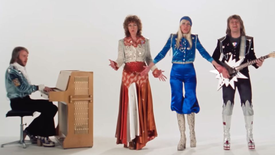 Screenshot of ABBA, performing in the music video for "Waterloo"