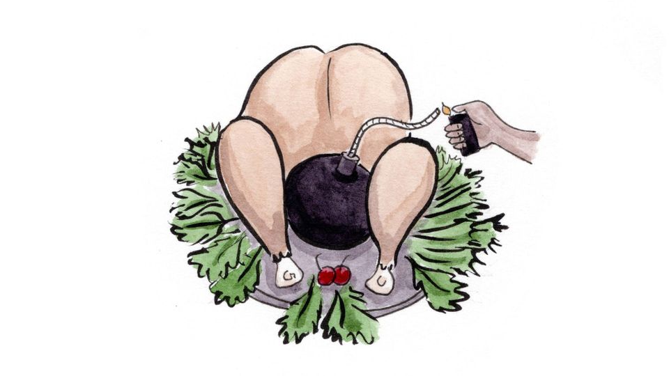 A turkey on a lettuce-garnished platter, stuffed with a cartoon bomb, with a hand lighting the fuse with a lighter