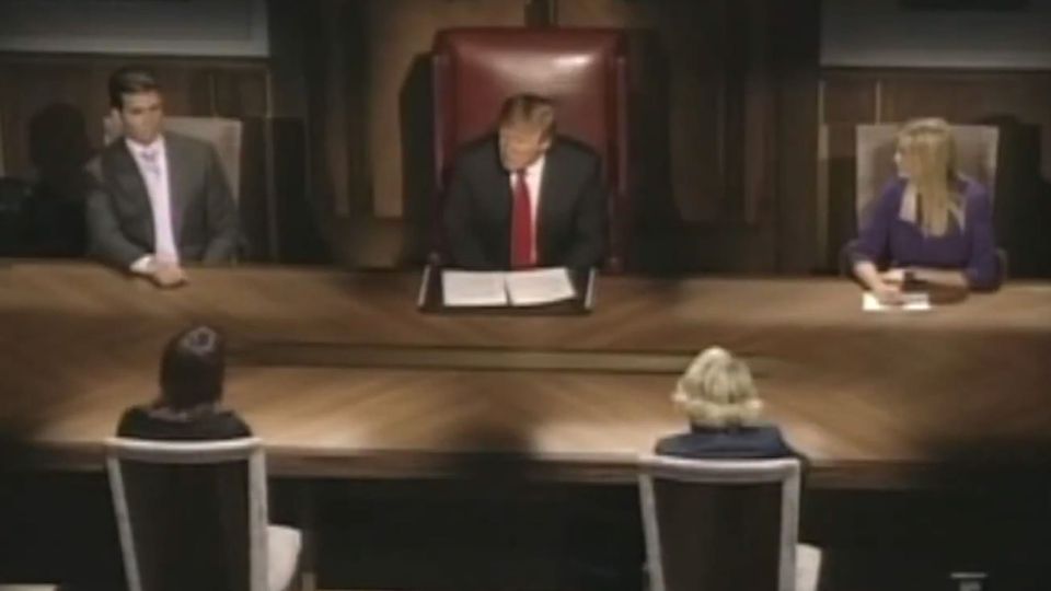 Joan Rivers (lower right) wins Celebrity Apprentice, 2009; across from Donald Trump Jr., Donald Trump, Ivanka Trump
