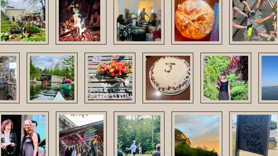 Photo collage includes images of canoeing, a homemade cake, and the author outdoors holding a bouquet