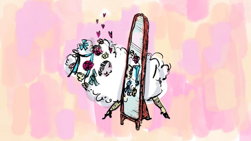 The author as a fantastically dolled-up creature in white clouds of puff admiring herself in a cheval glass