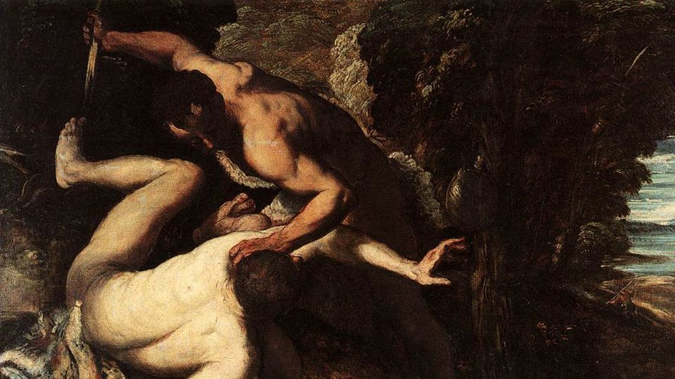 Detail from an image of cinematic urgency and terror, depicting the murder of Abel by his brother Cain