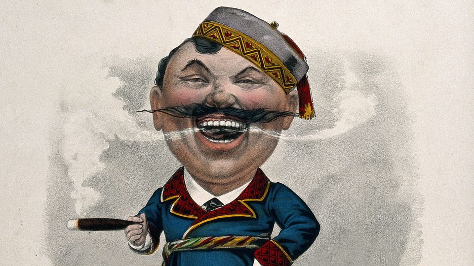 1880 illustration of an extremely jolly smoker of a massive cigar, wearing a smoking jacket and tasselled toque