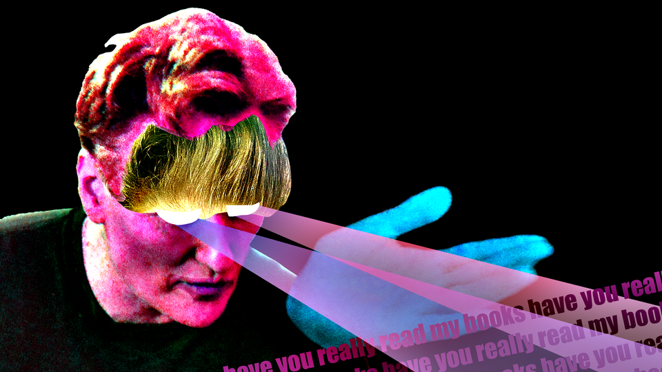 Distorted color shifted Conan O'Brien laserbeam eyes over repeated text "have you really read my books"