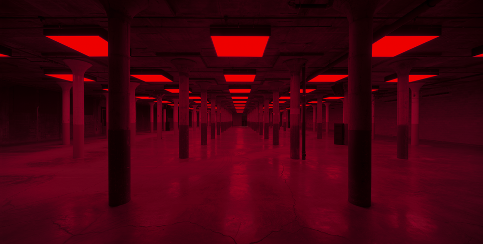 A vision in lurid red of Steve McQueen’s installation, ‘Bass’, at Dia Beacon