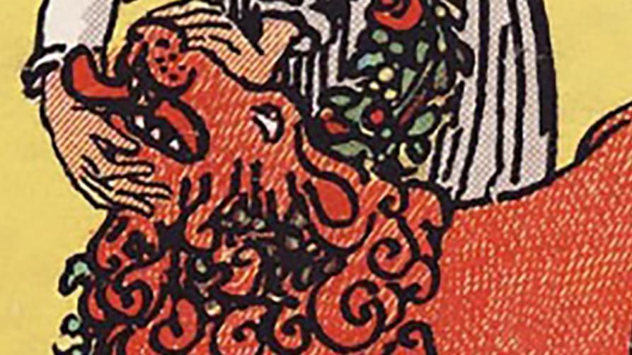 Tarot card art cropped to hands around mouth of red lion, licking a hand.