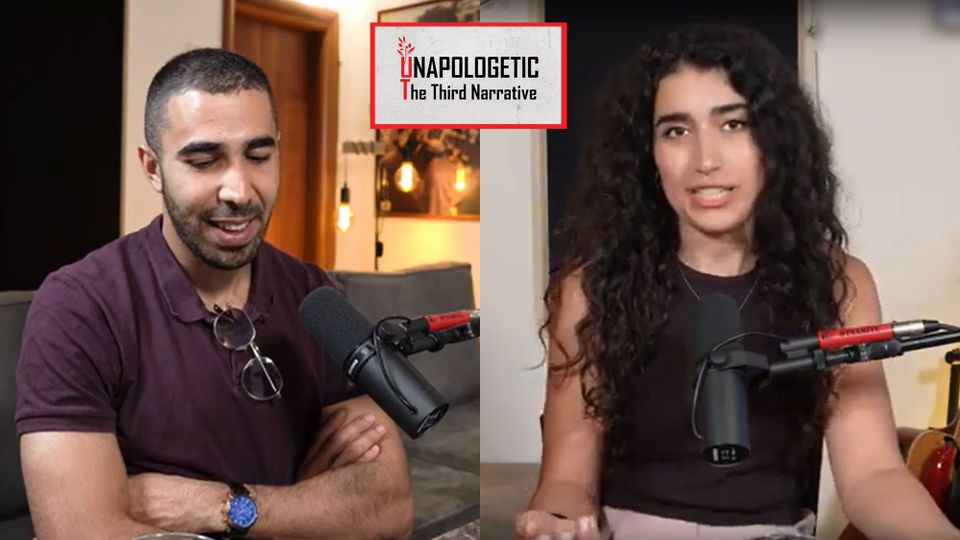 Young Palestinian-Israeli hosts of 'Unapologetic: The Third Narrative,' dressed casually, podcasting from their home studios 