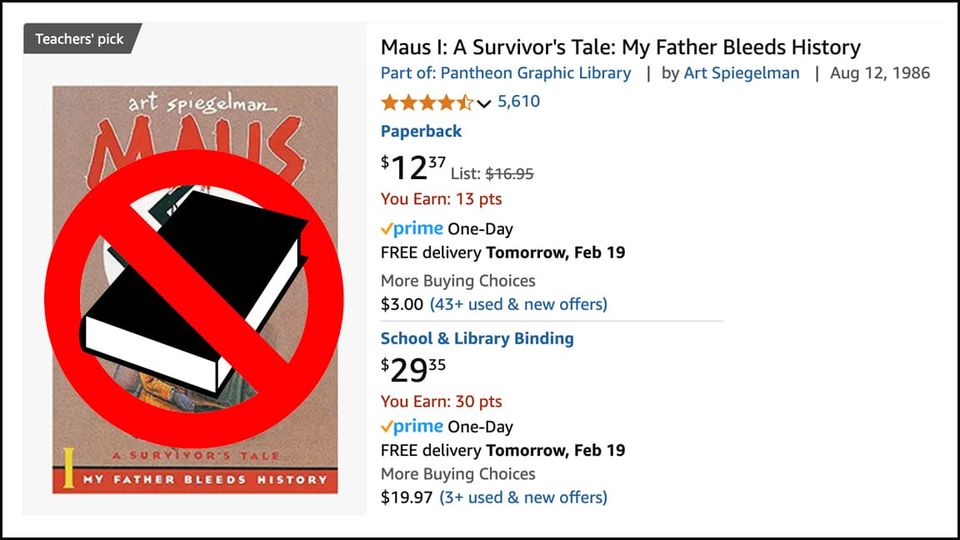 Illustration: MAUS listing on Amazon with a red circle/strikethrough book icon on top of book image