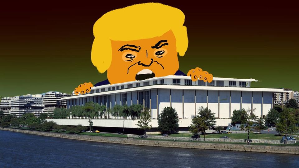Giant cartoon Trump mouth agape clambering over top of Kennedy ctr bldg