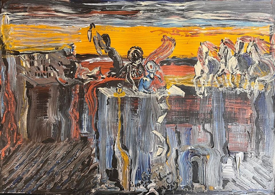 An abstract painting of a writer seated at a desk, a herd of horses nearby, dark figures over her shoulder