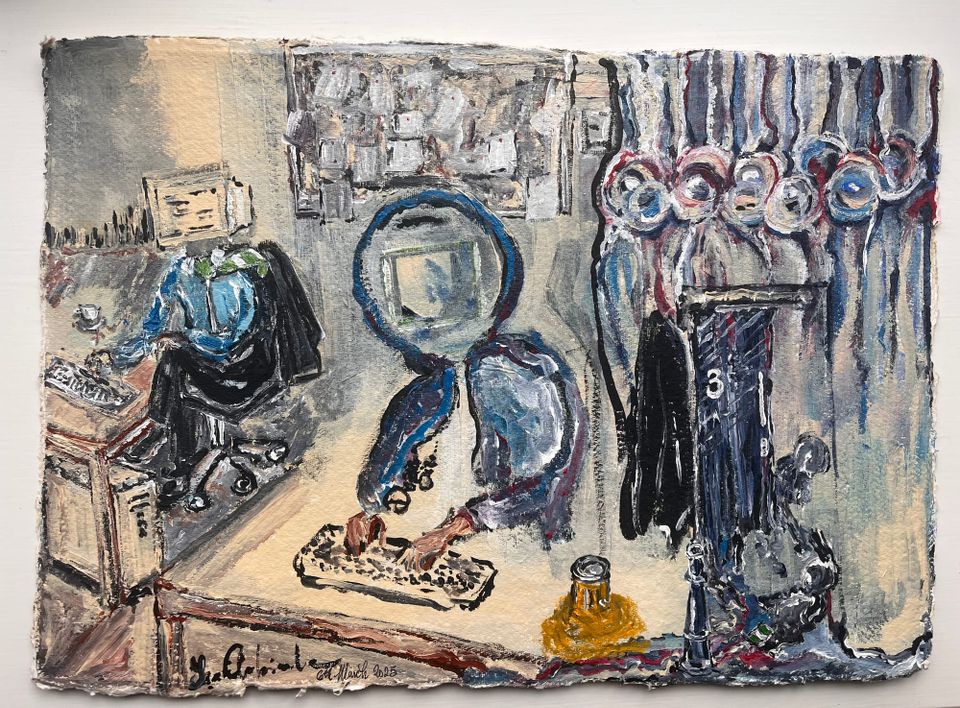 Abstract painting of an office, two desks, people working, their heads are computer monitors; behind them are nine hanged men