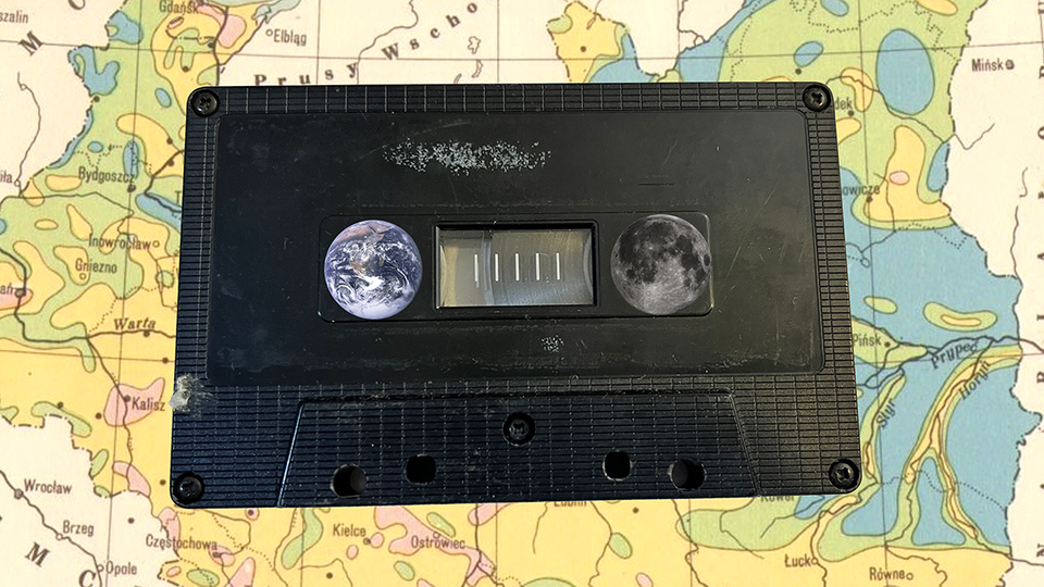 Old cassette tape with Earth and Moon in the reels with map of 1930s eastern Europe in background