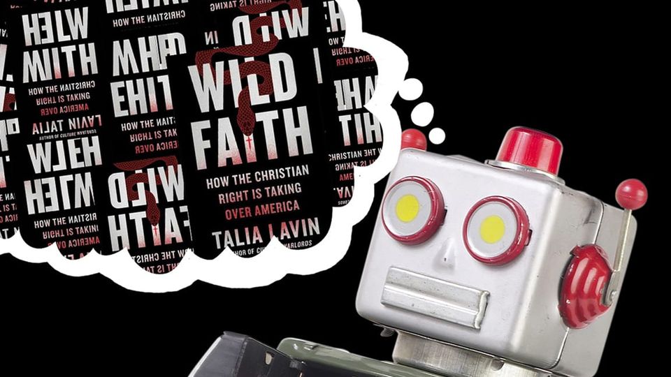 Talia's book being hallucinated about by a robot. A thought-bubble full of illegible clones of the book cover.