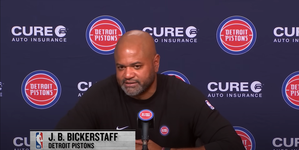 NBA broadcast, J. B. BICKERSTAFF, name in chyron seated for press conference