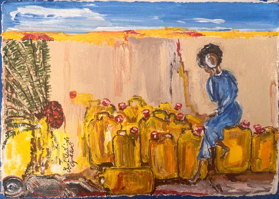 Painting of a woman sitting atop containers of palm oil near a tree with oil palm fruits. In foreground a man and container down