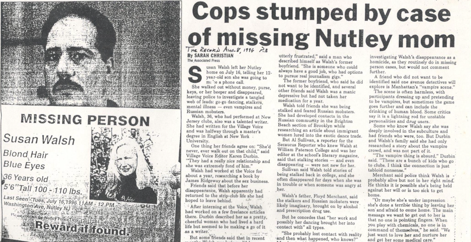 Newspaper clipping: Man holding poster: “MISSING PERSON Susan Walsh Blond Hair Blue Eyes 36 Years old 5'6"Tall 100-110 lbs... Reward if found.”