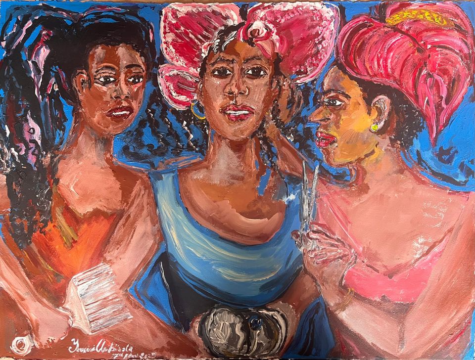 A colorful painting of three beautiful women all dressed up with very fancy hairstyles