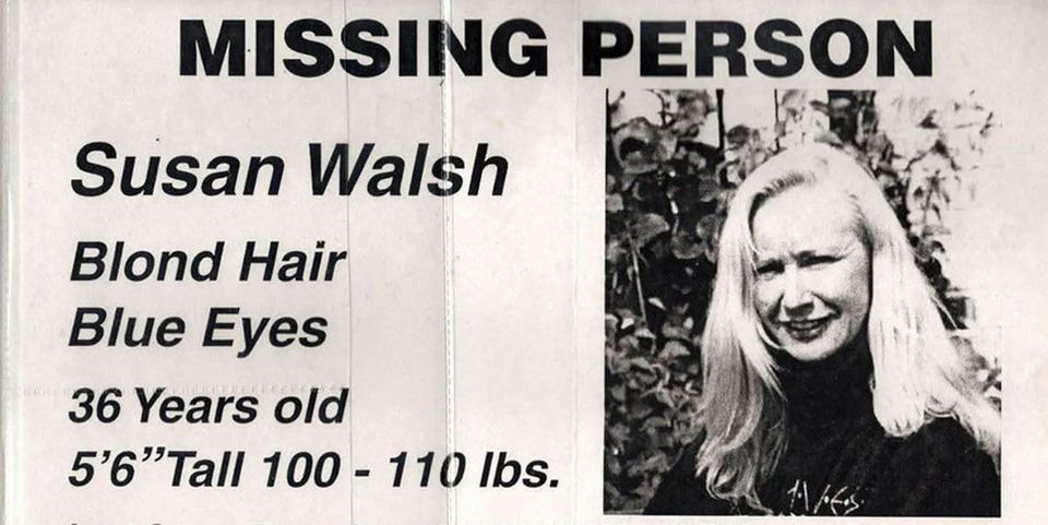 Image of flyer: MISSING PERSON with photo of Susan Walsh.