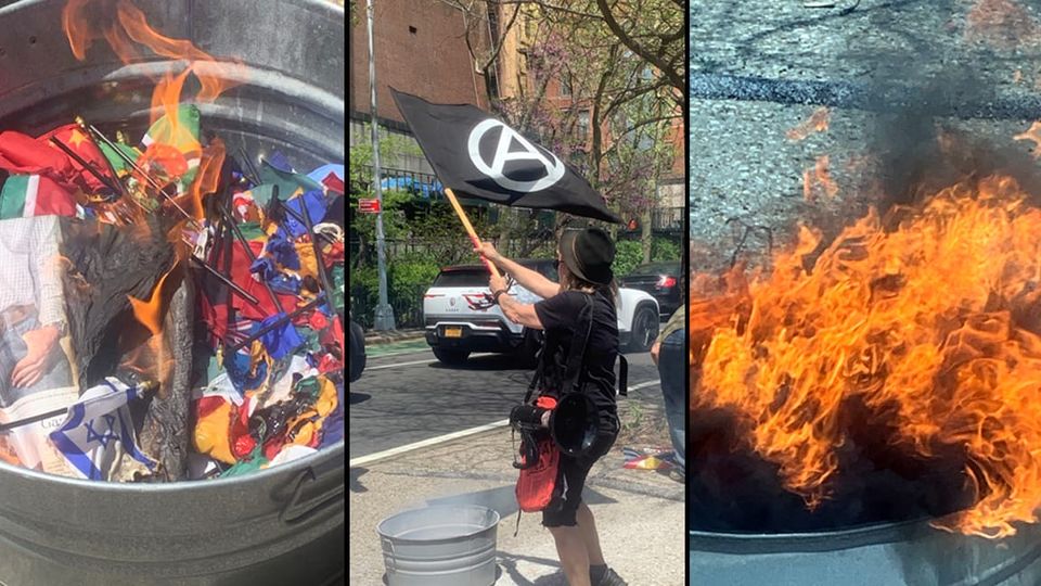 Tiny flags burning in a can / protester waving Anarchy flag / can completely engulfed by flame