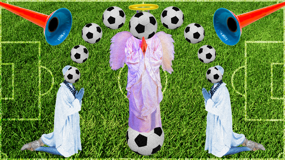 A central football winged deity atop an orbis soccer-ball flanked by prayerful football-headed supplicants on a soccer pitch encroached upon by vuvuzelas
