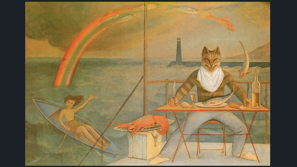 An anthropomorphic cat at a table on a dock getting ready to tuck into a fish and there's a lobster and a person in a boat waving and a rainbow and a lighthouse and the sea behind